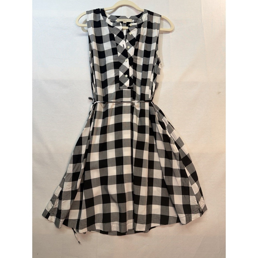 Loft Black And White Gingham Sleeveless Dress With Button Front Belted Size S